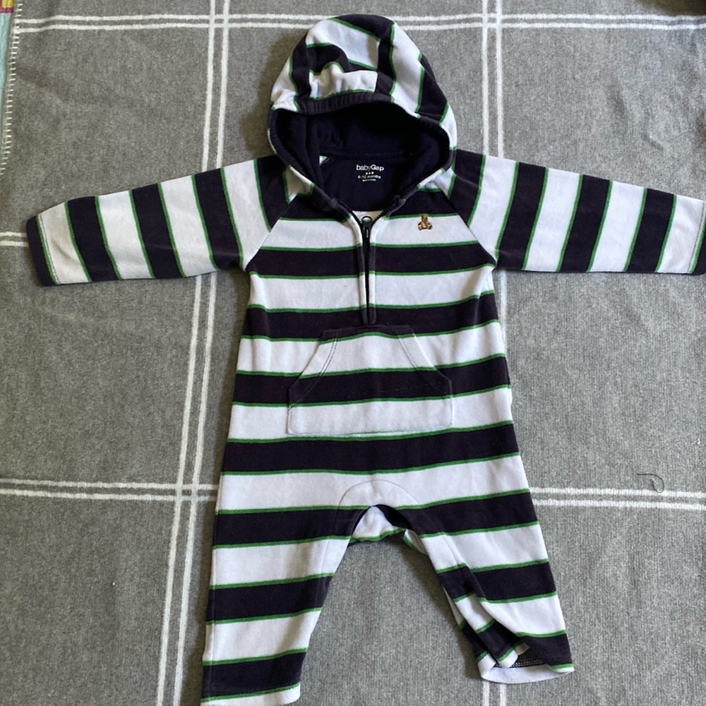 Vintage BabyGap Terrycloth Hooded Jumpsuit, Navy & White Striped Boys 6-12 M